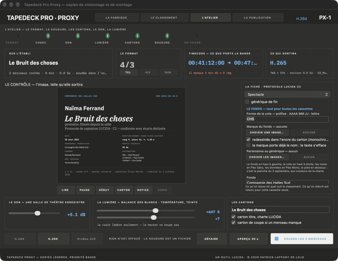 Tapedeck Proxy en apparence LUCIDA : le carton titre d'une captation, sa cote, et la fiche du fonds